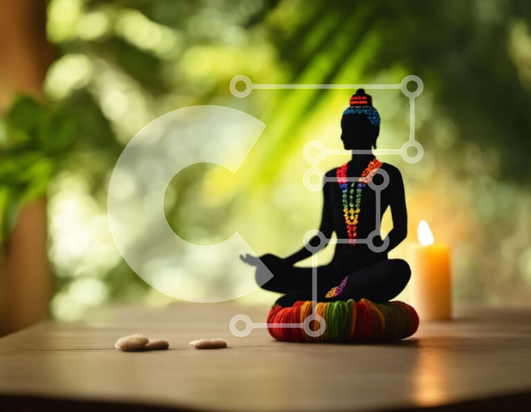 Intra Συλλεκτικό Ξύλινο Παζλ Plywood  4mm - Μαύρο άγαλμα του Βούδα σε θέση Lotus με πολύχρωμες χάντρες και βότσαλα Σε Ξύλινο Κουτί - Διαστάσεις Puzzle: 10x10 cm – 25 κομμάτια