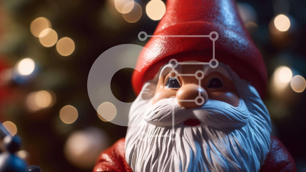 Intra Συλλεκτικό Ξύλινο Παζλ Plywood  4mm - Κόκκινο ειδώλιο Gnome μπροστά από ένα διακοσμημένο χριστουγεννιάτικο δέντρο Σε Ξύλινο Κουτί - Διαστάσεις: 10x10 cm – 25 κομμάτια