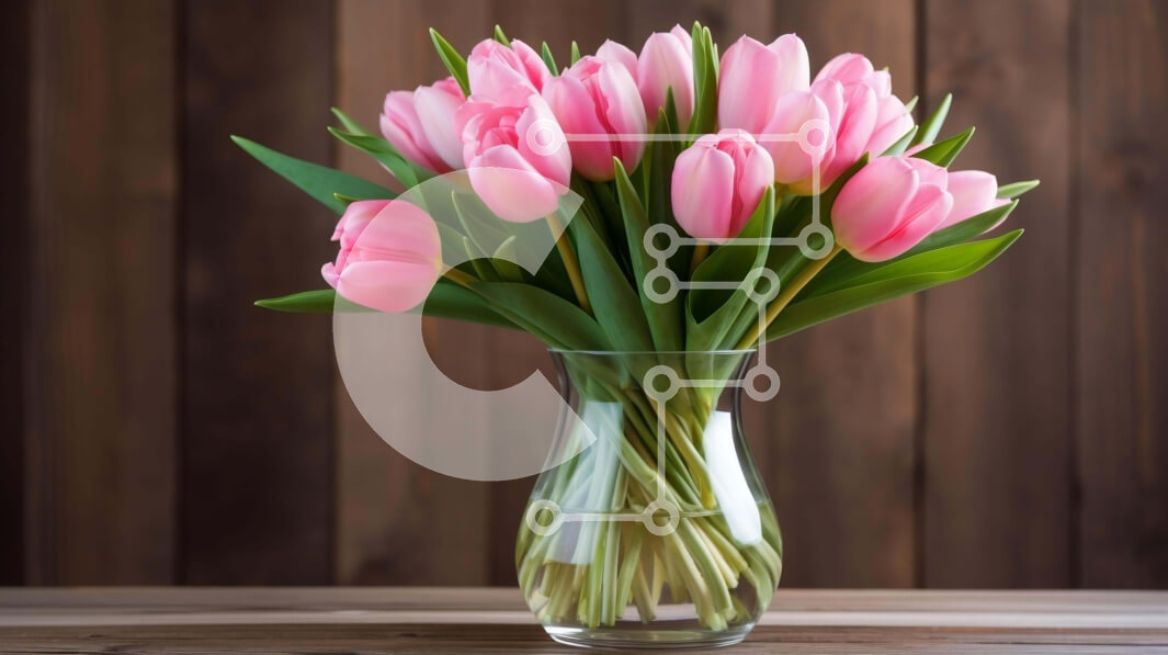 Intra Συλλεκτικό Ξύλινο Παζλ Plywood  4mm - Ροζ τουλίπες σε ένα διαφανές βάζο σε ένα ξύλινο τραπέζι Σε Ξύλινο Κουτί - Διαστάσεις: 10x10 cm – 25 κομμάτια