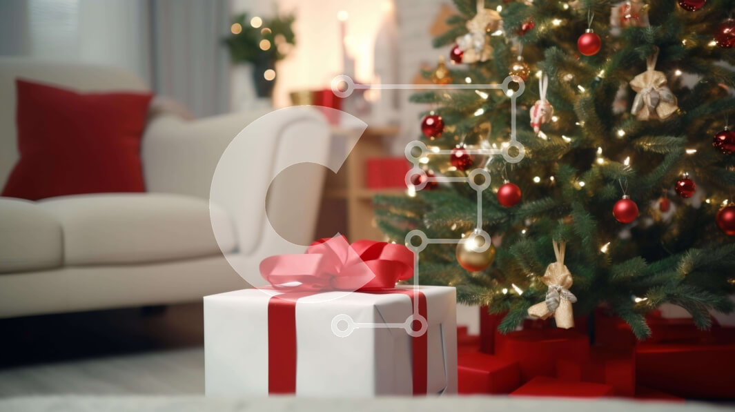 Intra Συλλεκτικό Ξύλινο Παζλ Plywood  4mm - Δώρο τυλιγμένο σε κόκκινο χρώμα δίπλα στο χριστουγεννιάτικο δέντρο Σε Ξύλινο Κουτί - Διαστάσεις: 10x10 cm – 25 κομμάτια