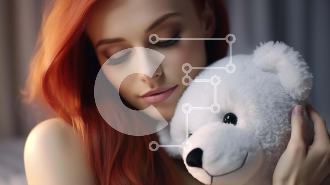 Intra Συλλεκτικό Ξύλινο Παζλ Plywood  4mm - Ευτυχισμένη στιγμή: Νεαρή γυναίκα με κόκκινα μαλλιά που κρατά ένα αρκουδάκι Σε Ξύλινο Κουτί - Διαστάσεις Puzzle: 10x10 cm – 25 κομμάτια