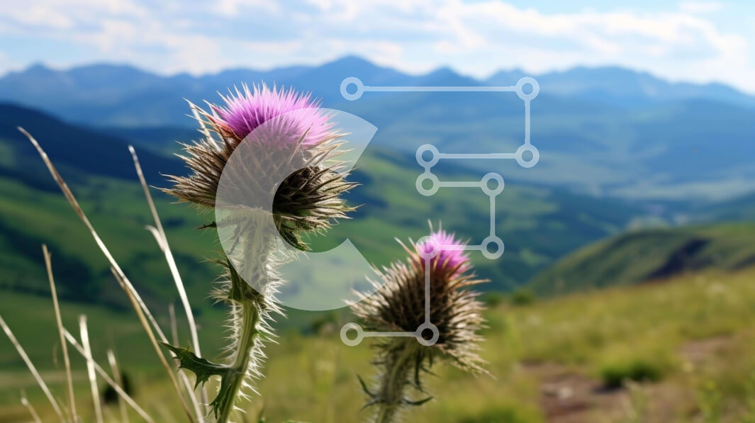 Intra Συλλεκτικό Ξύλινο Παζλ Plywood  4mm - Πορφυρά λουλούδια γαϊδουράγκαθου σε χλοώδη πλαγιά με φόντο το βουνό Σε Ξύλινο Κουτί - Διαστάσεις: 10x10 cm – 25 κομμάτια