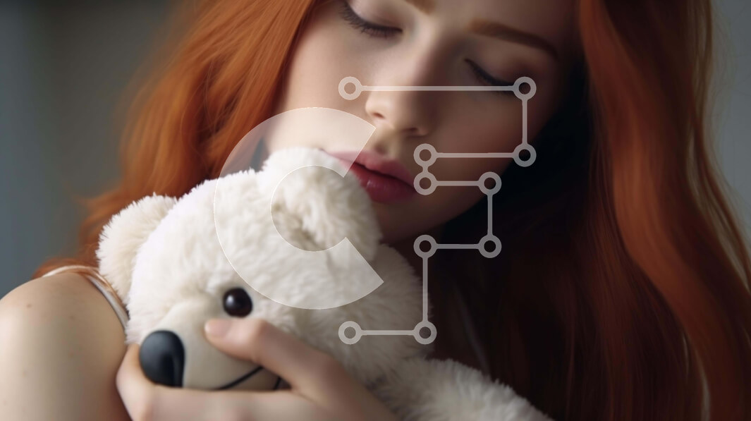 Intra Συλλεκτικό Ξύλινο Παζλ Plywood  4mm - Νεαρή γυναίκα με κόκκινα μαλλιά που κρατά το λευκό αρκουδάκι Σε Ξύλινο Κουτί - Διαστάσεις Puzzle: 10x10 cm – 25 κομμάτια