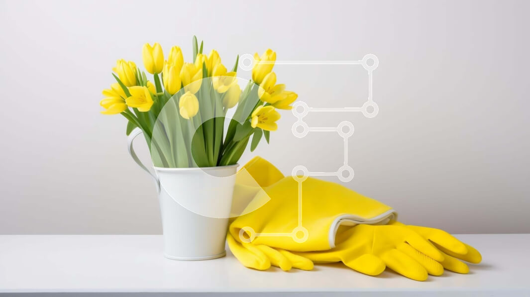 Intra Συλλεκτικό Ξύλινο Παζλ Plywood  4mm - Κίτρινες τουλίπες σε λευκό βάζο με γάντια κηπουρικής Σε Ξύλινο Κουτί - Διαστάσεις: 10x10 cm – 25 κομμάτια