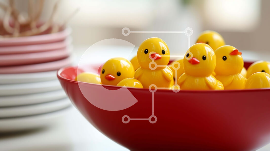 Intra Συλλεκτικό Ξύλινο Παζλ Plywood  4mm - Κίτρινα ειδώλια πάπιας σε κόκκινο μπολ Σε Ξύλινο Κουτί - Διαστάσεις Puzzle: 10x10 cm – 25 κομμάτια