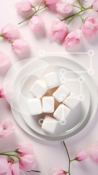 Intra Συλλεκτικό Ξύλινο Παζλ Plywood  4mm - Marshmallows σε λευκό πιάτο με ροζ λουλούδια Σε Ξύλινο Κουτί - Διαστάσεις: 10x10 cm – 25 κομμάτια