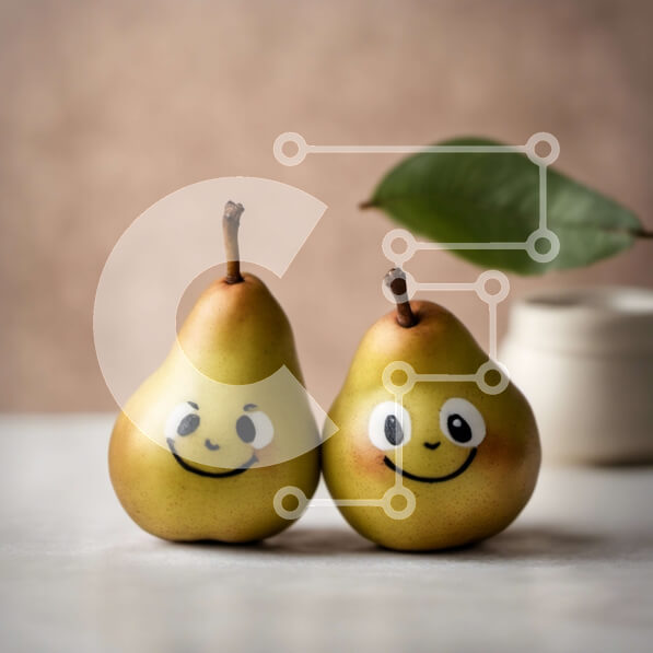 Σετ των 2 Intra Συλλεκτικό Ξύλινο Παζλ Plywood  4mm - Δύο αχλάδια με ζωγραφισμένα πρόσωπα σε ένα λευκό τραπέζι Σε Ξύλινο Κουτί - Διαστάσεις: 10x10 cm – 25 κομμάτια