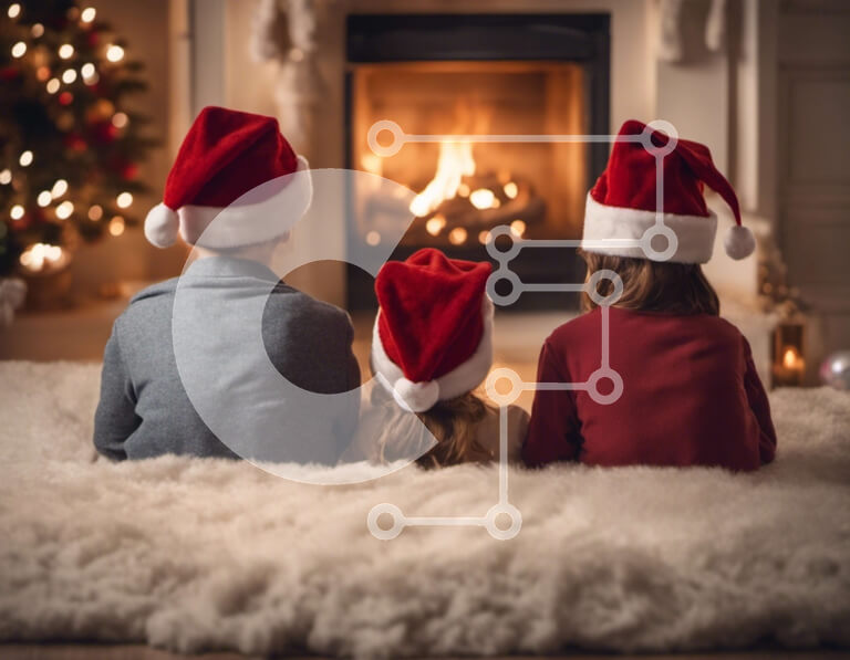 Intra Συλλεκτικό Ξύλινο Παζλ Plywood  4mm - Παιδιά με καπέλα Άγιου Βασίλη δίπλα στο τζάκι Σε Ξύλινο Κουτί - Διαστάσεις: 10x10 cm – 25 κομμάτια