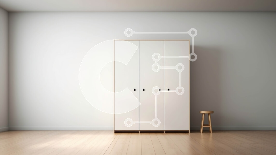 Intra Συλλεκτικό Ξύλινο Παζλ Plywood  4mm - Λευκή ντουλάπα με τρεις πόρτες σε ένα άδειο δωμάτιο Σε Ξύλινο Κουτί - Διαστάσεις Puzzle: 10x10 cm – 25 κομμάτια