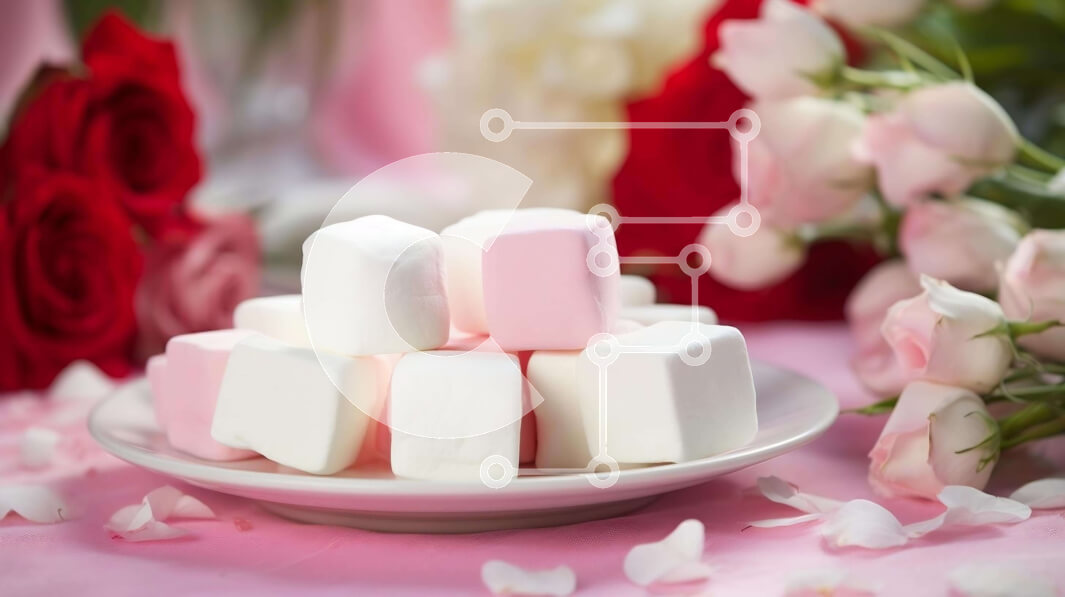 Σετ των 2 Intra Συλλεκτικό Ξύλινο Παζλ Plywood  4mm - Πιάτο με ροζ και λευκά marshmallows με κόκκινα τριαντάφυλλα Σε Ξύλινο Κουτί - Διαστάσεις: 10x10 cm – 25 κομμάτια