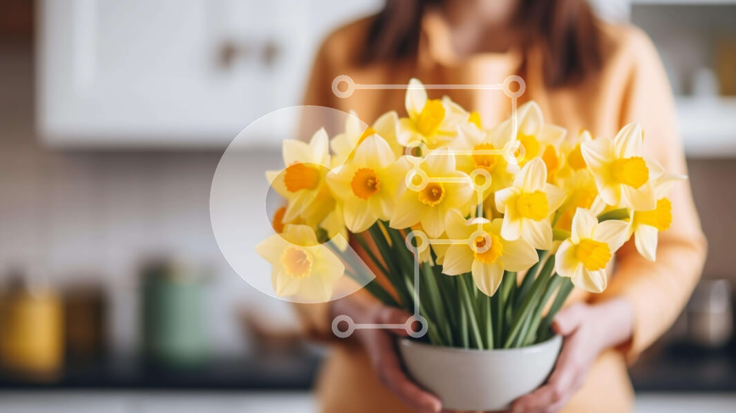 Intra Συλλεκτικό Ξύλινο Παζλ Plywood  4mm - Ζωντανοί κίτρινοι ασφόδελοι σε γυναικεία χέρια Σε Ξύλινο Κουτί - Διαστάσεις: 10x10 cm – 25 κομμάτια