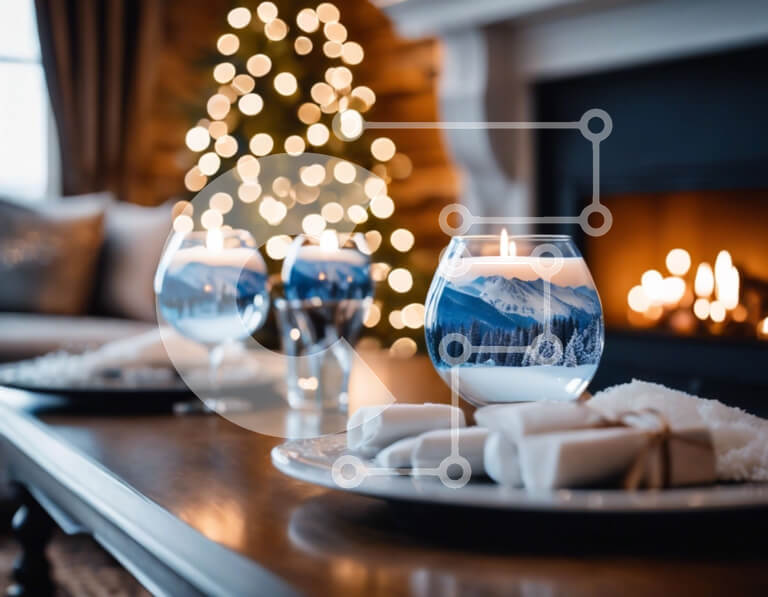 Intra Συλλεκτικό Ξύλινο Παζλ Plywood  4mm - Ποτήρια γεμάτα κεριά με σχέδια βουνού και χιονιού σε τραπέζι Σε Ξύλινο Κουτί - Διαστάσεις: 10x10 cm – 25 κομμάτια