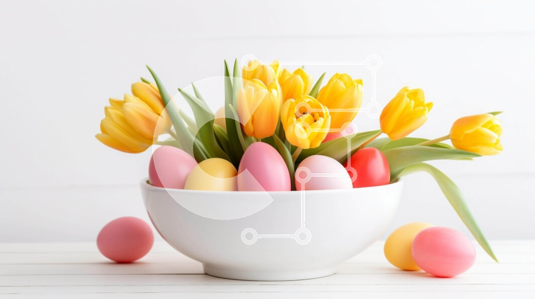 Intra Συλλεκτικό Ξύλινο Παζλ Plywood  4mm - Πασχαλινά αυγά και τουλίπες σε λευκό μπολ Σε Ξύλινο Κουτί - Διαστάσεις: 10x10 cm – 25 κομμάτια