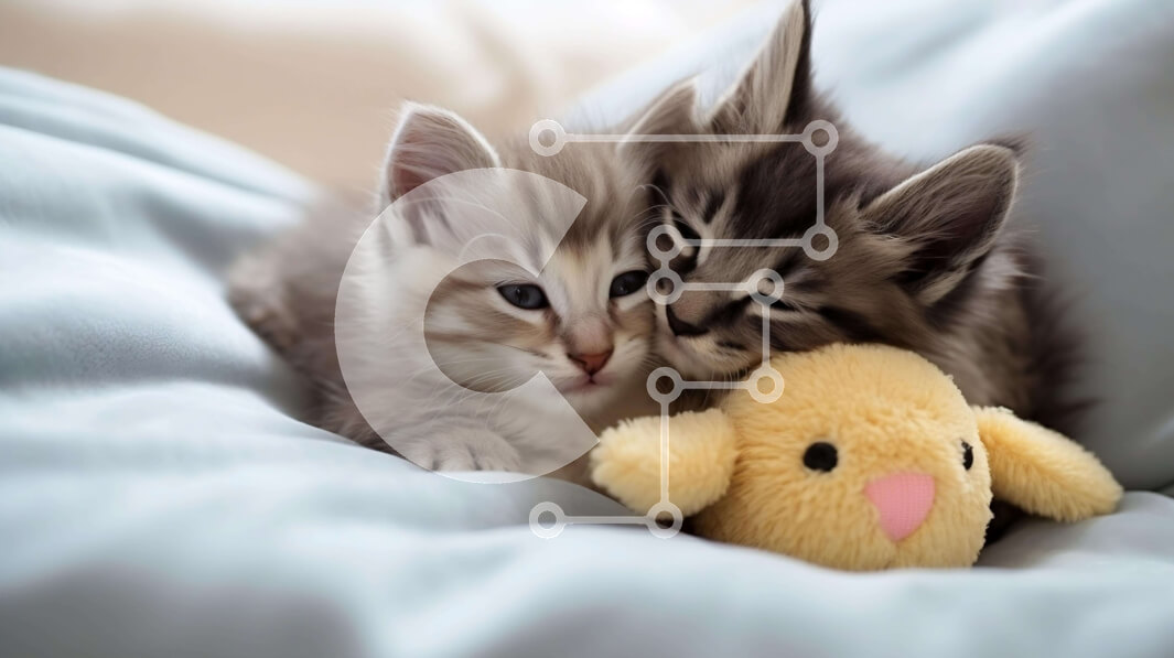 Σετ των 2 Intra Συλλεκτικό Ξύλινο Παζλ Plywood  4mm - Δύο γατάκια στριμώχνονται μαζί σε ένα κρεβάτι με ένα κίτρινο λούτρινο ζώο Σε Ξύλινο Κουτί - Διαστάσεις: 10x10 cm – 25 κομμάτια