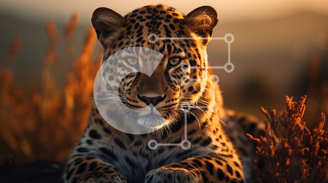 Intra Συλλεκτικό Ξύλινο Παζλ Plywood  4mm - Λεοπάρδαλη στο γρασίδι στο ηλιοβασίλεμα Σε Ξύλινο Κουτί - Διαστάσεις: 10x10 cm – 25 κομμάτια