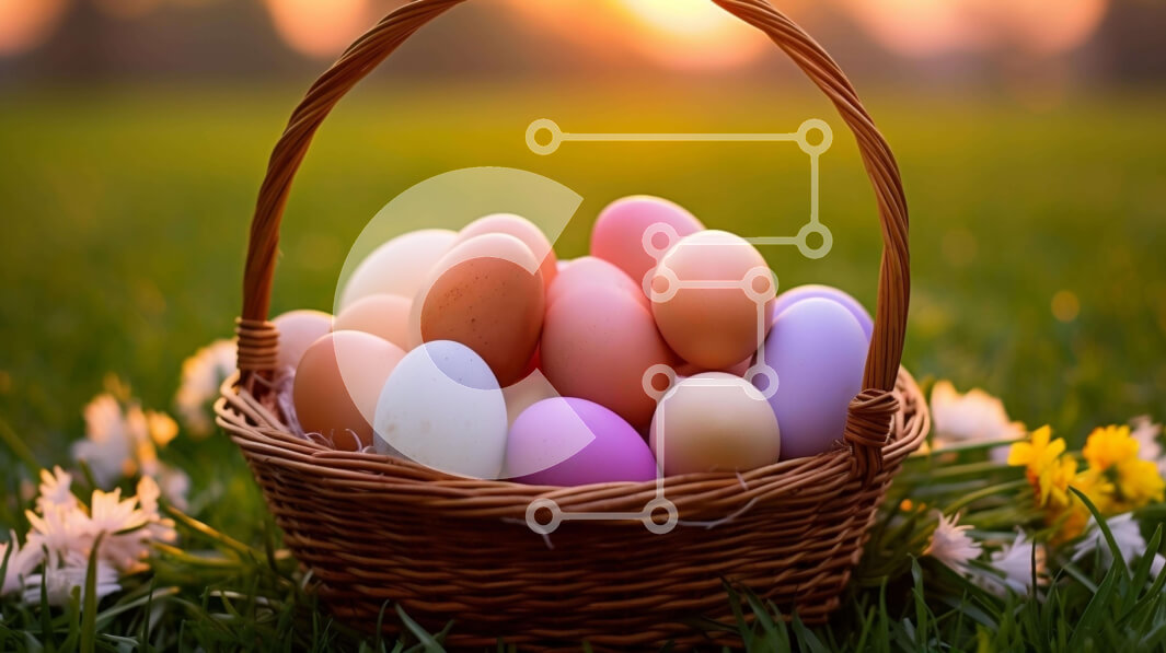 Intra Συλλεκτικό Ξύλινο Παζλ Plywood  4mm - Πολύχρωμα Πασχαλινά αυγά σε ένα ψάθινο καλάθι στο ηλιοβασίλεμα Σε Ξύλινο Κουτί - Διαστάσεις: 10x10 cm – 25 κομμάτια