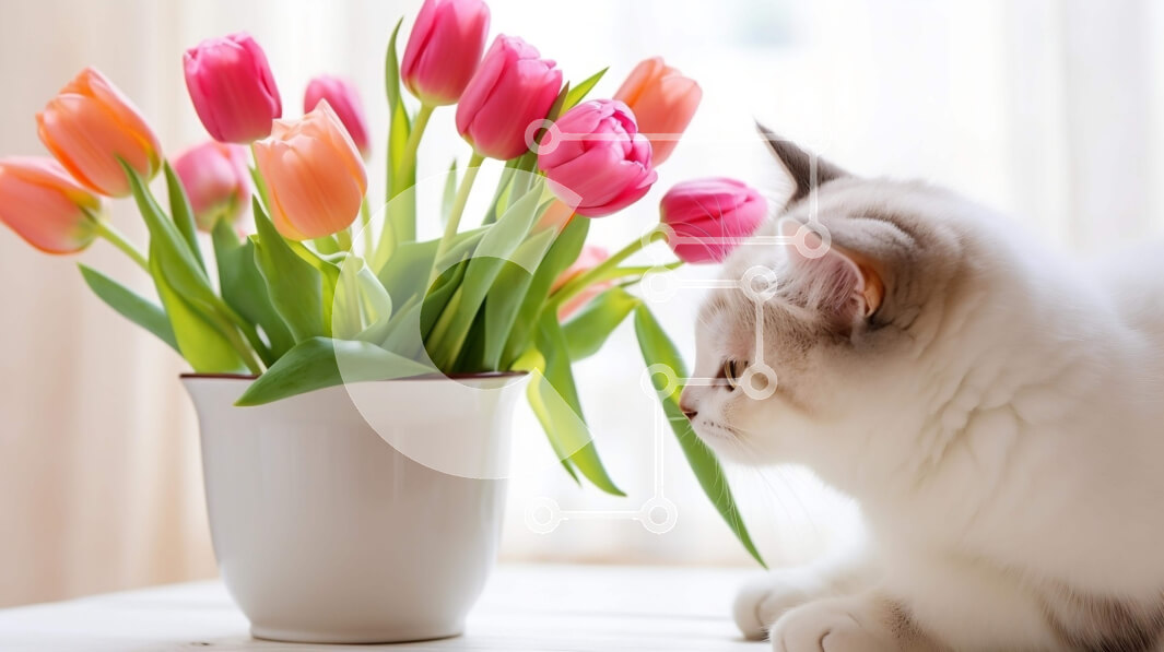 Intra Συλλεκτικό Ξύλινο Παζλ Plywood  4mm - Λευκή γάτα που κάθεται δίπλα στις ροζ τουλίπες Σε Ξύλινο Κουτί - Διαστάσεις: 10x10 cm – 25 κομμάτια