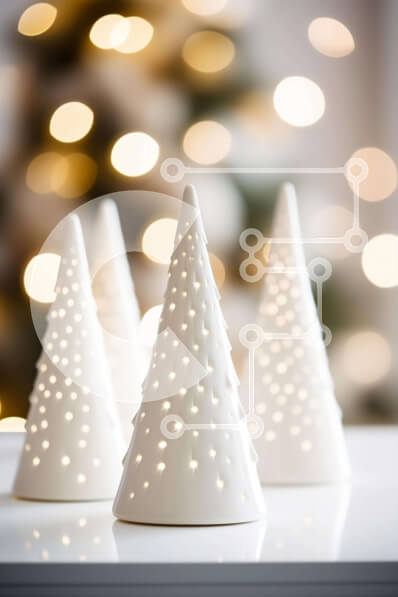 Intra Συλλεκτικό Ξύλινο Παζλ Plywood  4mm - Λευκά κεραμικά χριστουγεννιάτικα δέντρα με στολίδια με νιφάδες χιονιού στο τραπέζι Σε Ξύλινο Κουτί - Διαστάσεις: 10x10 cm – 25 κομμάτια