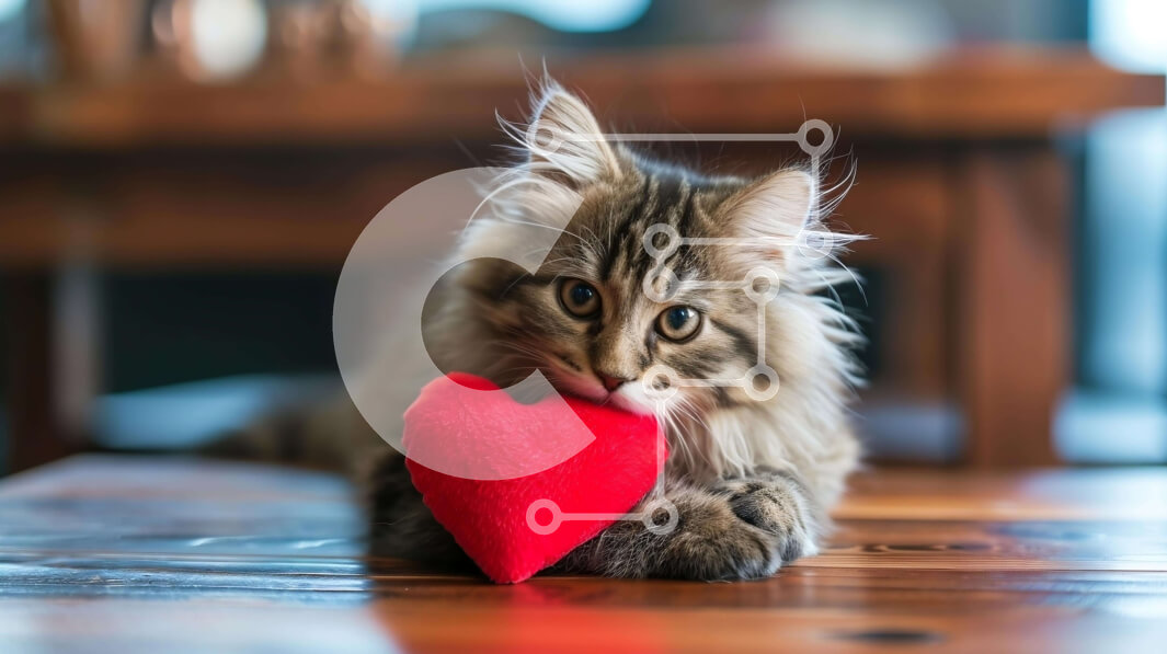 Σετ των 2 Intra Συλλεκτικό Ξύλινο Παζλ Plywood  4mm - Αφράτη γάτα που παίζει με παιχνίδι σε σχήμα καρδιάς σε ξύλινο τραπέζι Σε Ξύλινο Κουτί - Διαστάσεις: 10x10 cm – 25 κομμάτια