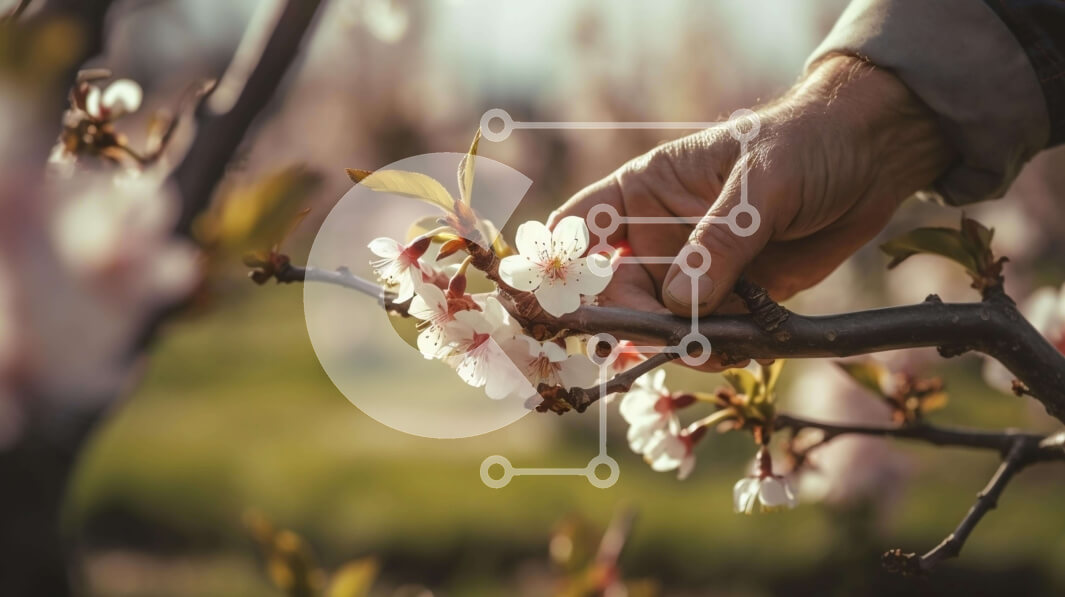 Intra Συλλεκτικό Ξύλινο Παζλ Plywood  4mm - Το χέρι απλώνει το κλαδί μηλιάς με τα λευκά άνθη Σε Ξύλινο Κουτί - Διαστάσεις: 10x10 cm – 25 κομμάτια