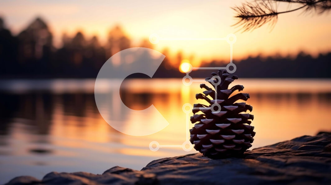 Intra Συλλεκτικό Ξύλινο Παζλ Plywood  4mm - Κώνος πεύκου στο βράχο που αντιμετωπίζει το ηλιοβασίλεμα πάνω από το νερό Σε Ξύλινο Κουτί - Διαστάσεις: 10x10 cm – 25 κομμάτια