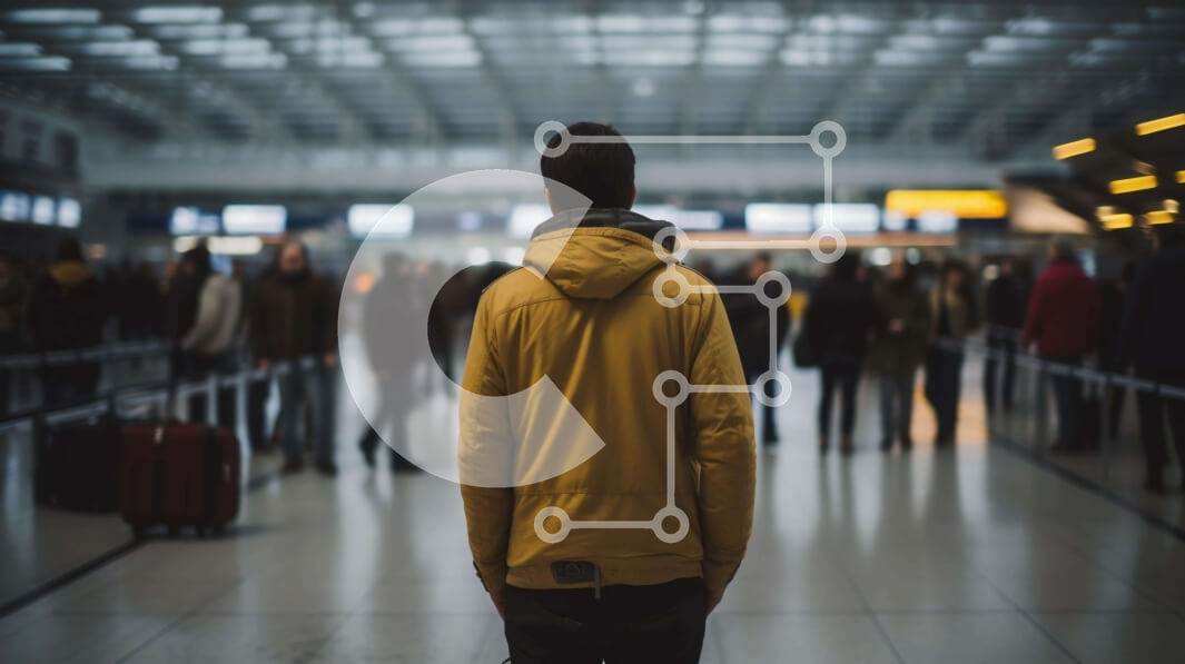 Intra Συλλεκτικό Ξύλινο Παζλ Plywood  4mm - Άτομο που στέκεται στον τερματικό σταθμό του αεροδρομίου με τις βαλίτσες Σε Ξύλινο Κουτί - Διαστάσεις Puzzle: 10x10 cm – 25 κομμάτια