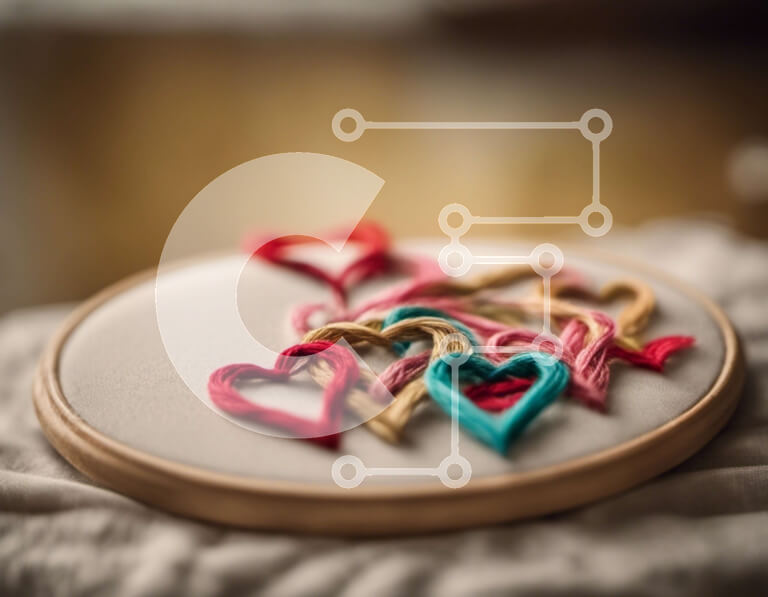 Intra Συλλεκτικό Ξύλινο Παζλ Plywood  4mm - Τσέρκι κεντήματος με πολύχρωμες κλωστές σε σχήμα καρδιάς σε λευκό φόντο Σε Ξύλινο Κουτί - Διαστάσεις Puzzle: 10x10 cm – 25 κομμάτια