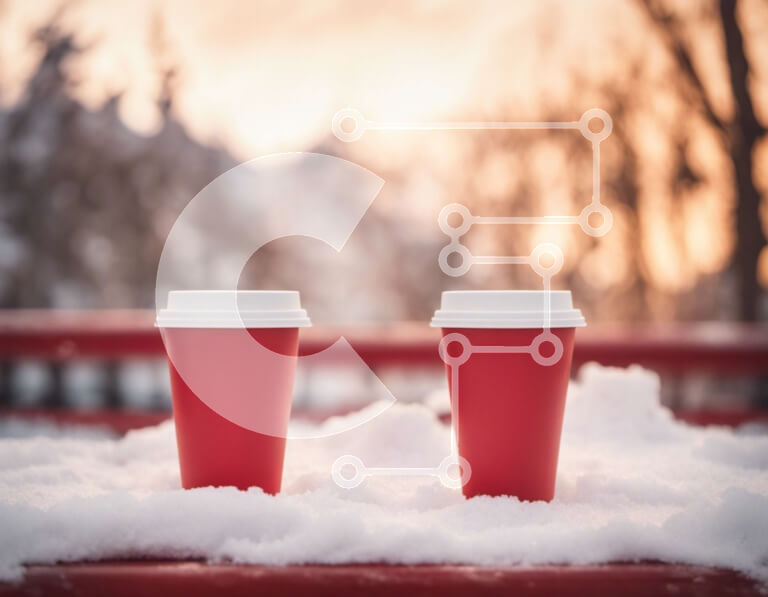 Intra Συλλεκτικό Ξύλινο Παζλ Plywood  4mm - Κόκκινα φλιτζάνια καφέ σε χιονισμένο πάγκο Σε Ξύλινο Κουτί - Διαστάσεις Puzzle: 10x10 cm – 25 κομμάτια