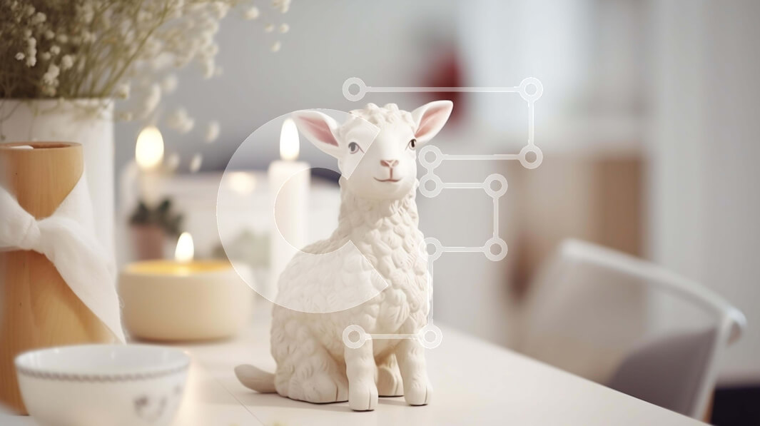 Intra Συλλεκτικό Ξύλινο Παζλ Plywood  4mm - Λευκό ειδώλιο προβάτου σε διακοσμημένο τραπέζι Σε Ξύλινο Κουτί - Διαστάσεις Puzzle: 10x10 cm – 25 κομμάτια