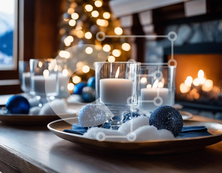 Intra Συλλεκτικό Ξύλινο Παζλ Plywood  4mm - Τραπεζαρία με πιάτα, κεριά και μπλε μπάλες Σε Ξύλινο Κουτί - Διαστάσεις Puzzle: 10x10 cm – 25 κομμάτια