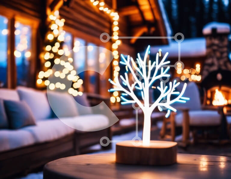 Intra Συλλεκτικό Ξύλινο Παζλ Plywood  4mm - Φωτιστικό LED σε σχήμα δέντρου σε τραπέζι εξωτερικού χώρου με μαξιλάρια και κουβέρτες Σε Ξύλινο Κουτί - Διαστάσεις Puzzle: 10x10 cm – 25 κομμάτια