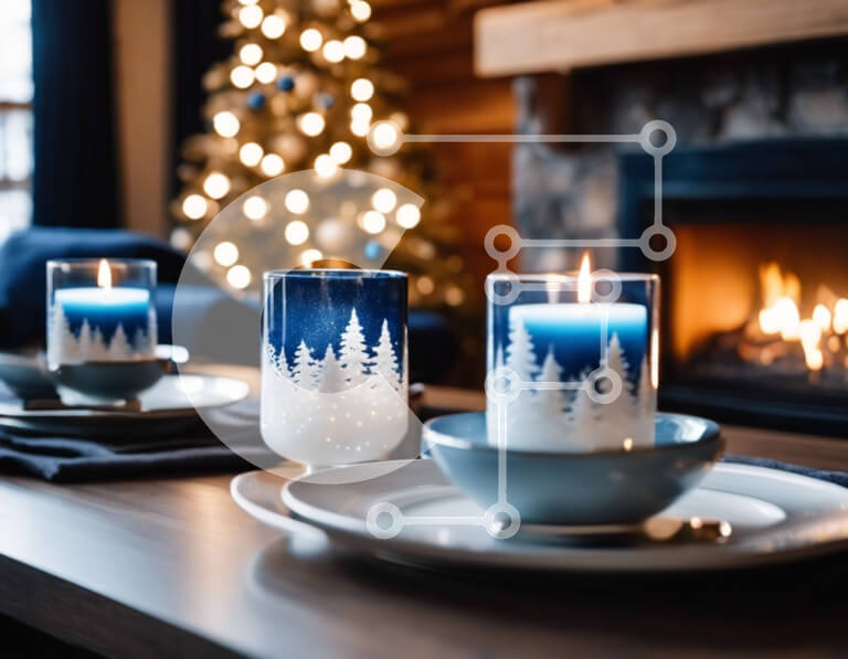 Intra Συλλεκτικό Ξύλινο Παζλ Plywood  4mm - Τραπέζι φαγητού με γιορτινό θέμα με μπλε κηροπήγια Σε Ξύλινο Κουτί - Διαστάσεις: 10x10 cm – 25 κομμάτια