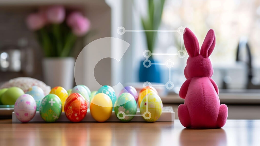 Intra Συλλεκτικό Ξύλινο Παζλ Plywood  4mm - Πολύχρωμα Πασχαλινά αυγά και ροζ λαγουδάκι στην κουζίνα Σε Ξύλινο Κουτί - Διαστάσεις: 10x10 cm – 25 κομμάτια