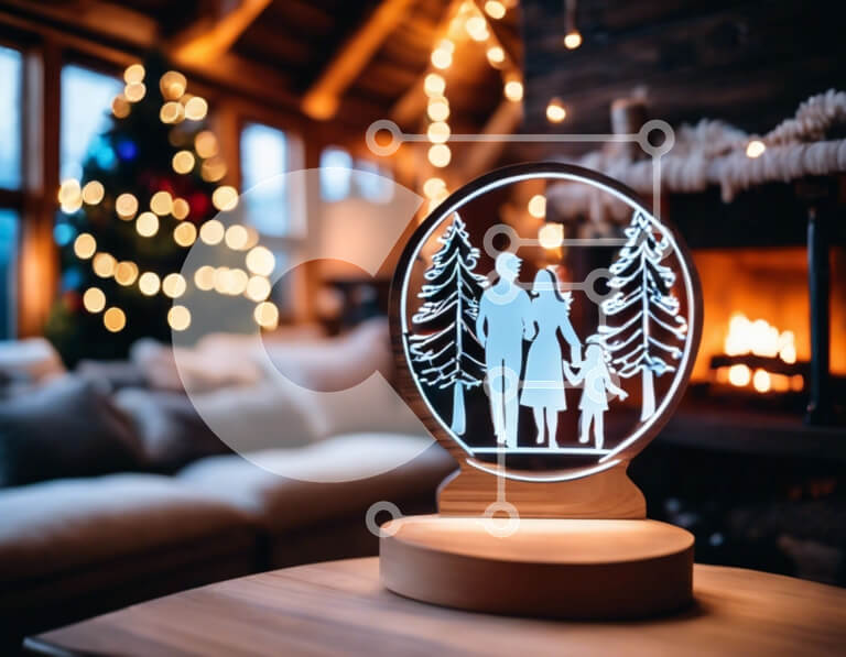 Intra Συλλεκτικό Ξύλινο Παζλ Plywood  4mm - Φωτισμένη οικογενειακή σφαίρα χιονιού σε ξύλινο τραπέζι Σε Ξύλινο Κουτί - Διαστάσεις: 10x10 cm – 25 κομμάτια