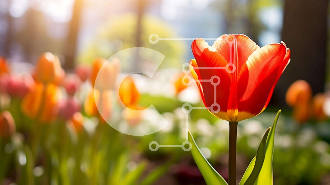 Intra Συλλεκτικό Ξύλινο Παζλ Plywood  4mm - Μονή κόκκινη τουλίπα σε πολύχρωμο χωράφι λουλουδιών Σε Ξύλινο Κουτί - Διαστάσεις: 10x10 cm – 25 κομμάτια