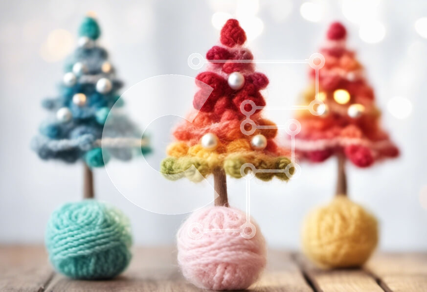 Intra Συλλεκτικό Ξύλινο Παζλ Plywood  4mm - Πολύχρωμα πλεκτά χριστουγεννιάτικα δέντρα σε ξύλινο τραπέζι Σε Ξύλινο Κουτί - Διαστάσεις: 10x10 cm – 25 κομμάτια