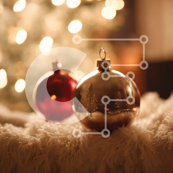 Intra Συλλεκτικό Ξύλινο Παζλ Plywood  4mm - Χρυσά και κόκκινα στολίδια σε λευκή κουβέρτα με χριστουγεννιάτικο δέντρο στο φόντο Σε Ξύλινο Κουτί - Διαστάσεις: 10x10 cm – 25 κομμάτια