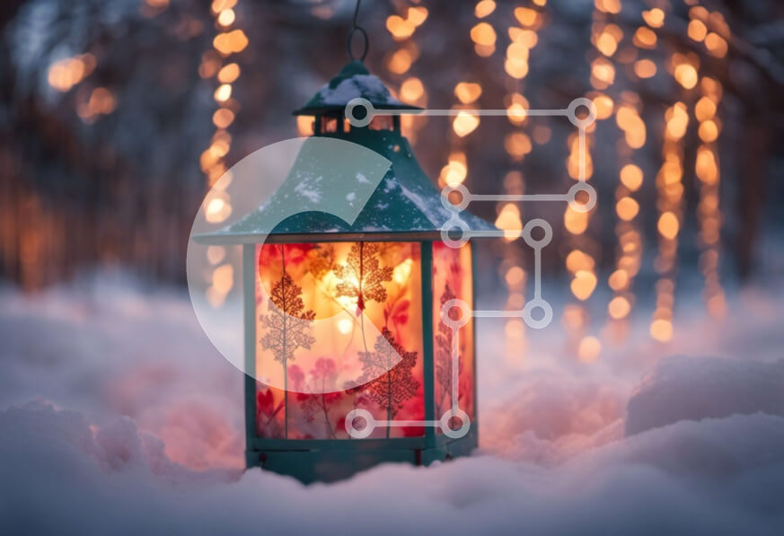 Intra Συλλεκτικό Ξύλινο Παζλ Plywood  4mm - Φανάρι διακοπών στο χιόνι με κόκκινα και πράσινα στολίδια Σε Ξύλινο Κουτί - Διαστάσεις: 10x10 cm – 25 κομμάτια