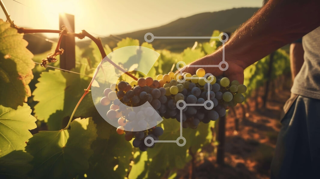 Intra Συλλεκτικό Ξύλινο Παζλ Plywood  4mm - Άτομο που κρατά σταφύλια στον αμπελώνα στο ηλιοβασίλεμα Σε Ξύλινο Κουτί - Διαστάσεις: 10x10 cm – 25 κομμάτια