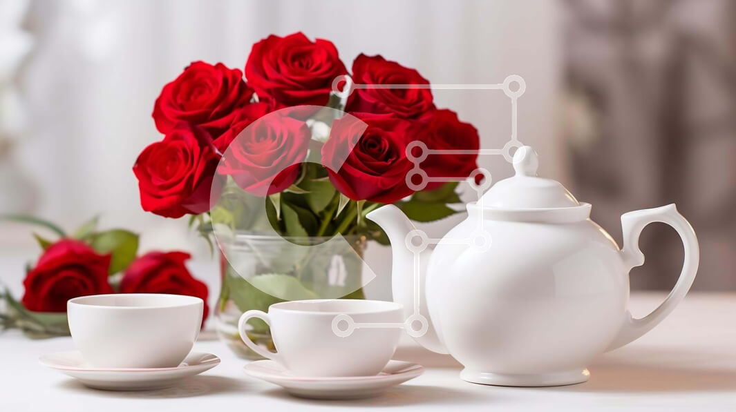 Σετ των 2 Intra Συλλεκτικό Ξύλινο Παζλ Plywood  4mm - Λευκή τσαγιέρα και φλιτζάνια με κόκκινα τριαντάφυλλα στο τραπέζι Σε Ξύλινο Κουτί - Διαστάσεις: 10x10 cm – 25 κομμάτια