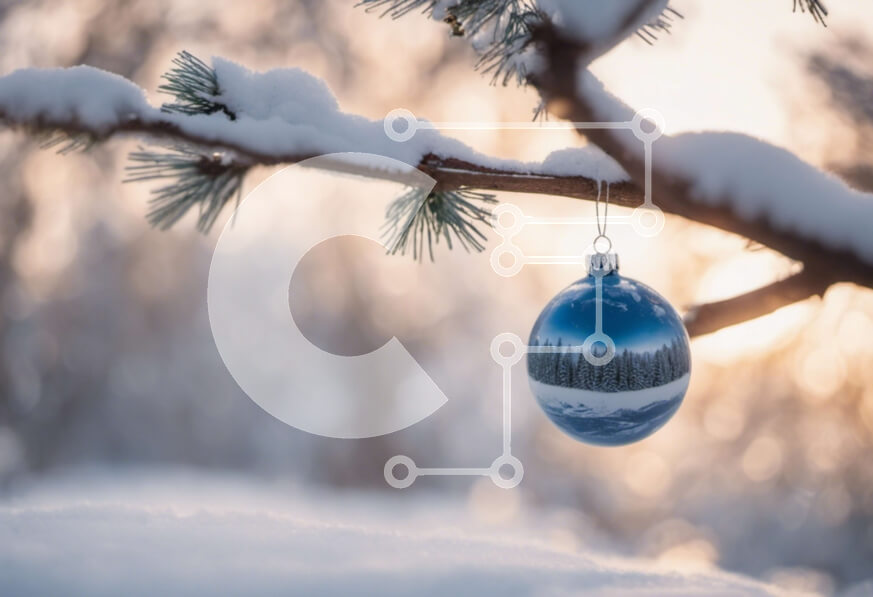 Intra Συλλεκτικό Ξύλινο Παζλ Plywood  4mm - Χιονισμένο κλαδί δέντρου με μπλε γυάλινη μπάλα στολίδι Σε Ξύλινο Κουτί - Διαστάσεις: 10x10 cm – 25 κομμάτια