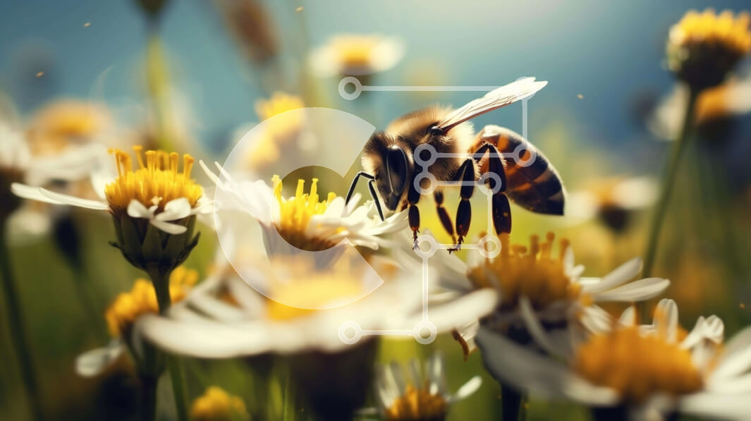 Intra Συλλεκτικό Ξύλινο Παζλ Plywood  4mm - Μέλισσα μαζεύει γύρη από μαργαρίτες σε ένα λιβάδι Σε Ξύλινο Κουτί - Διαστάσεις: 10x10 cm – 25 κομμάτια