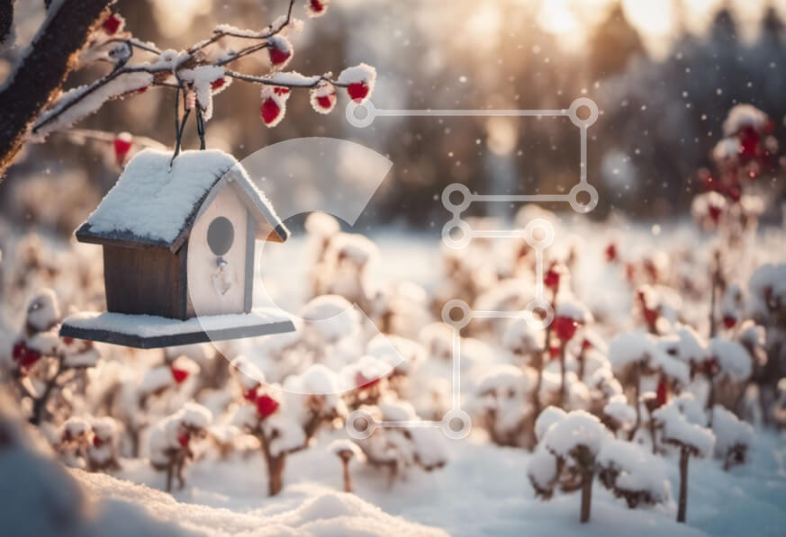 Intra Συλλεκτικό Ξύλινο Παζλ Plywood  4mm - Χιονισμένο Birdhouse σε ένα χιονισμένο χωράφι Σε Ξύλινο Κουτί - Διαστάσεις: 10x10 cm – 25 κομμάτια