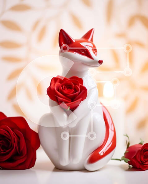 Intra Συλλεκτικό Ξύλινο Παζλ Plywood  4mm - Άσπρο και κόκκινο ειδώλιο αλεπούς με τριαντάφυλλα και κερί Σε Ξύλινο Κουτί - Διαστάσεις: 10x10 cm – 25 κομμάτια