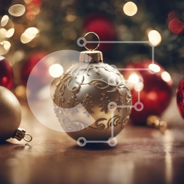 Intra Συλλεκτικό Ξύλινο Παζλ Plywood  4mm - Ασημένια και χρυσά στολίδια σε ξύλινο τραπέζι με κόκκινα και λευκά διακοσμητικά Σε Ξύλινο Κουτί - Διαστάσεις: 10x10 cm – 25 κομμάτια