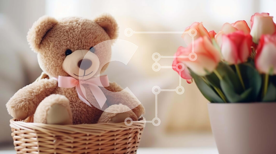 Intra Συλλεκτικό Ξύλινο Παζλ Plywood  4mm - Αρκουδάκι και ροζ λουλούδια σε ένα καλάθι Σε Ξύλινο Κουτί - Διαστάσεις: 10x10 cm – 25 κομμάτια