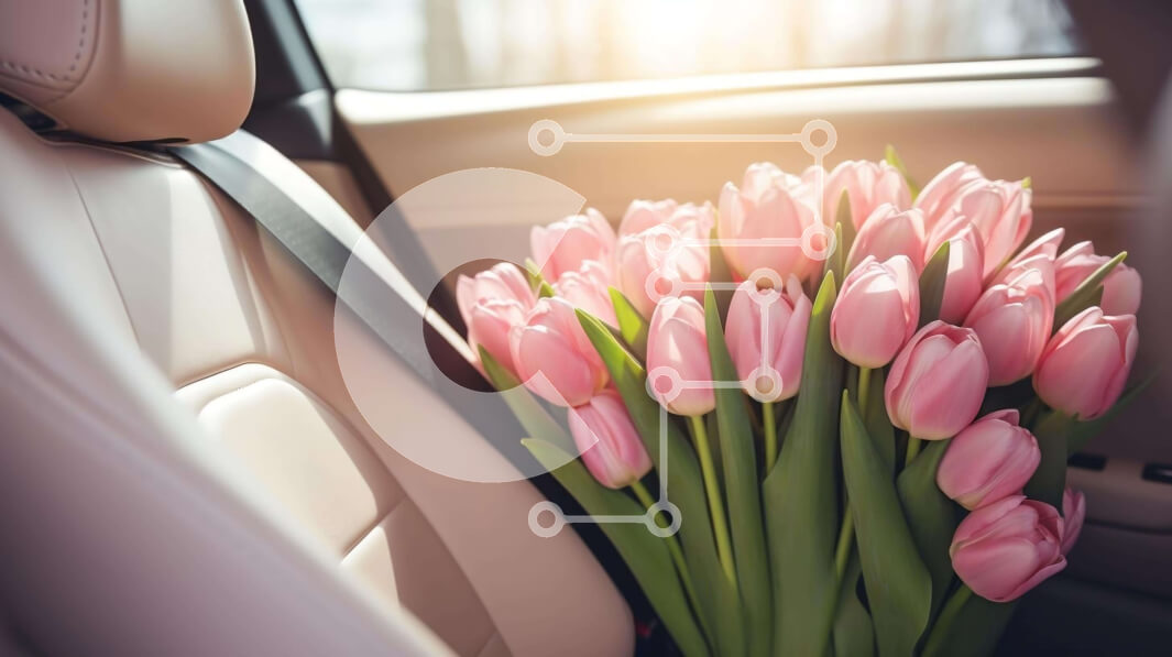 Intra Συλλεκτικό Ξύλινο Παζλ Plywood  4mm - Μπουκέτο με ροζ τουλίπες σε ένα αυτοκίνητο Σε Ξύλινο Κουτί - Διαστάσεις: 10x10 cm – 25 κομμάτια