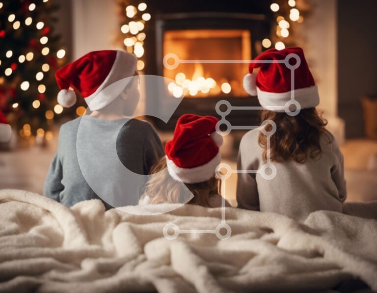 Intra Συλλεκτικό Ξύλινο Παζλ Plywood  4mm - Παιδιά με καπέλα Άγιου Βασίλη που κάθονται μπροστά από ένα τζάκι Σε Ξύλινο Κουτί - Διαστάσεις: 10x10 cm – 25 κομμάτια