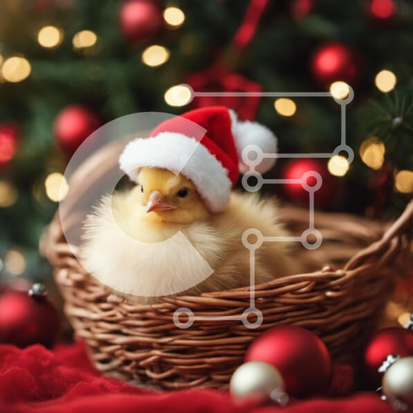 Intra Συλλεκτικό Ξύλινο Παζλ Plywood  4mm - Κίτρινο κοτόπουλο με καπέλο Άγιου Βασίλη που κάθεται στο καλάθι με χριστουγεννιάτικα στολίδια Σε Ξύλινο Κουτί - Διαστάσεις Puzzle: 10x10 cm – 25 κομμάτια