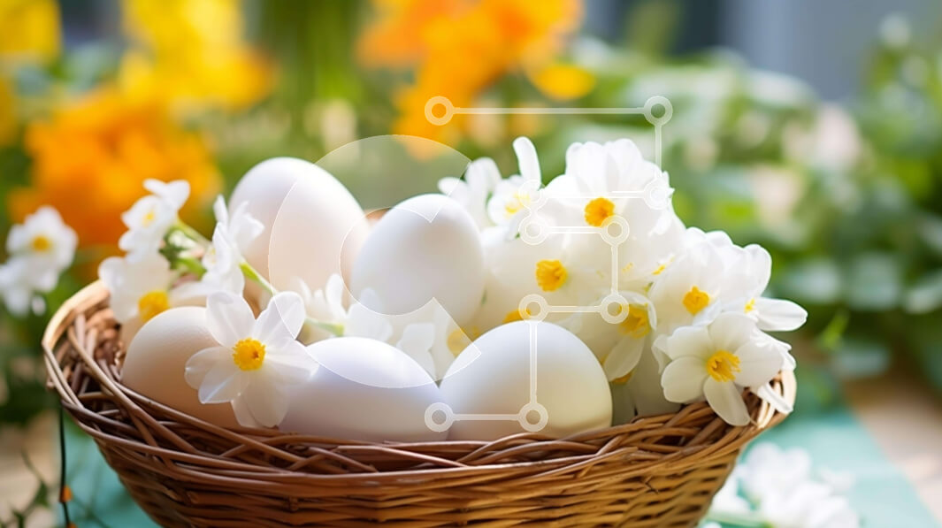 Intra Συλλεκτικό Ξύλινο Παζλ Plywood  4mm - Πασχαλινά αυγά και μαργαρίτες σε ψάθινο καλάθι Σε Ξύλινο Κουτί - Διαστάσεις: 10x10 cm – 25 κομμάτια